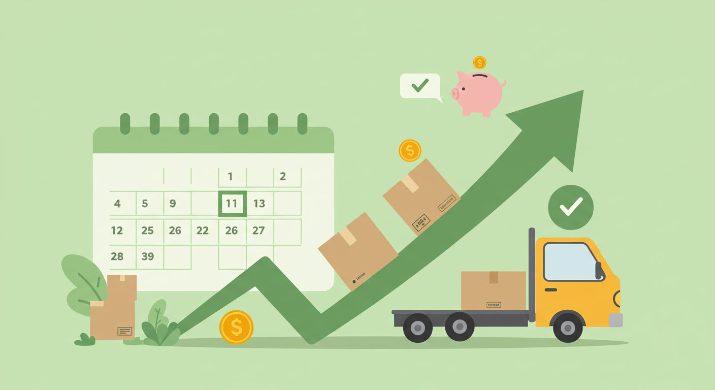 이사짐과 달력이 있고 이사짐 이 올려져있는 트럭이 있는 삽화