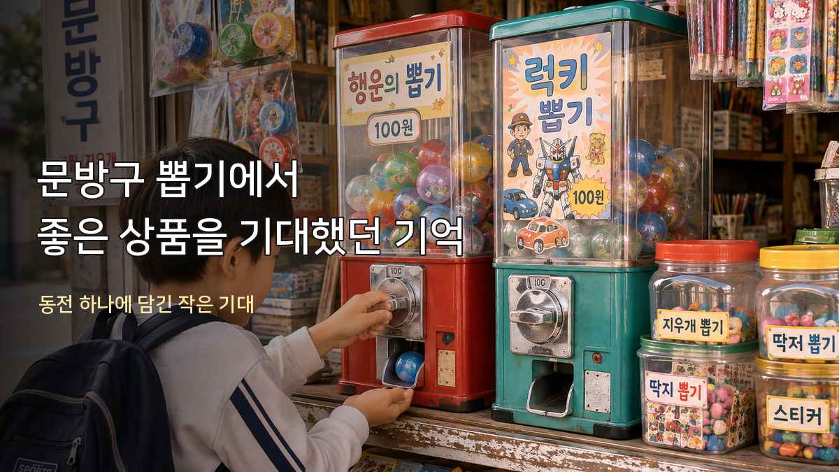 어린이가 알록달록한 캡슐이 든 문방구 뽑기 기계의 손잡이를 돌리는 모습