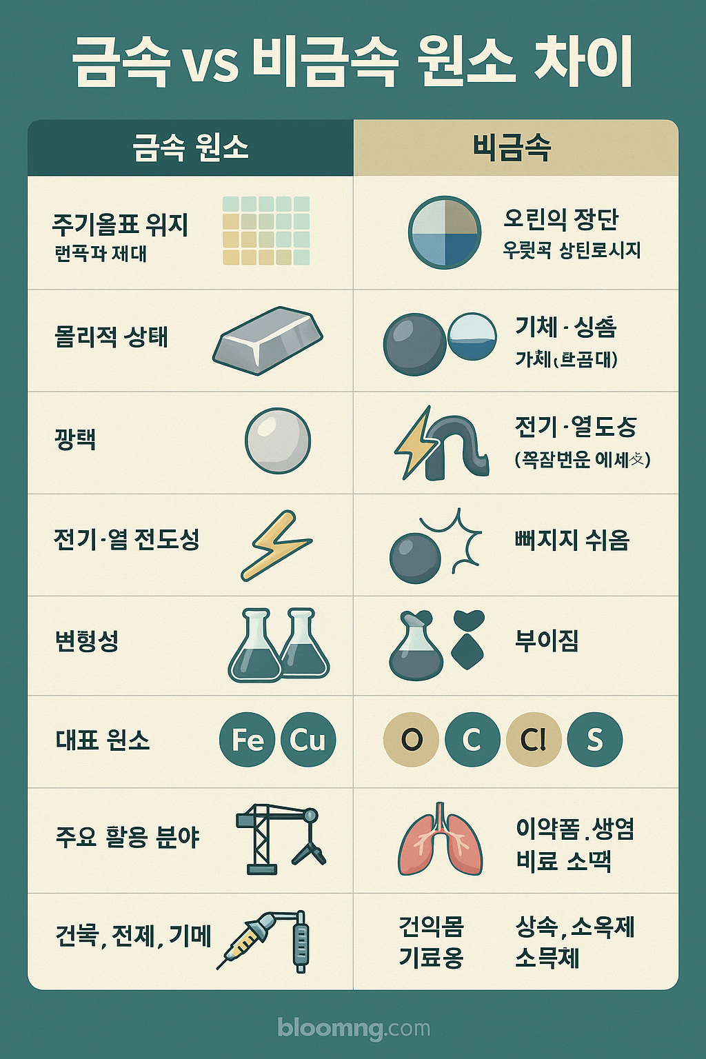 금속 vs 비금속 원소의 차이: 눈에 보이는 성질부터 화학적 특성까지 완벽 비교