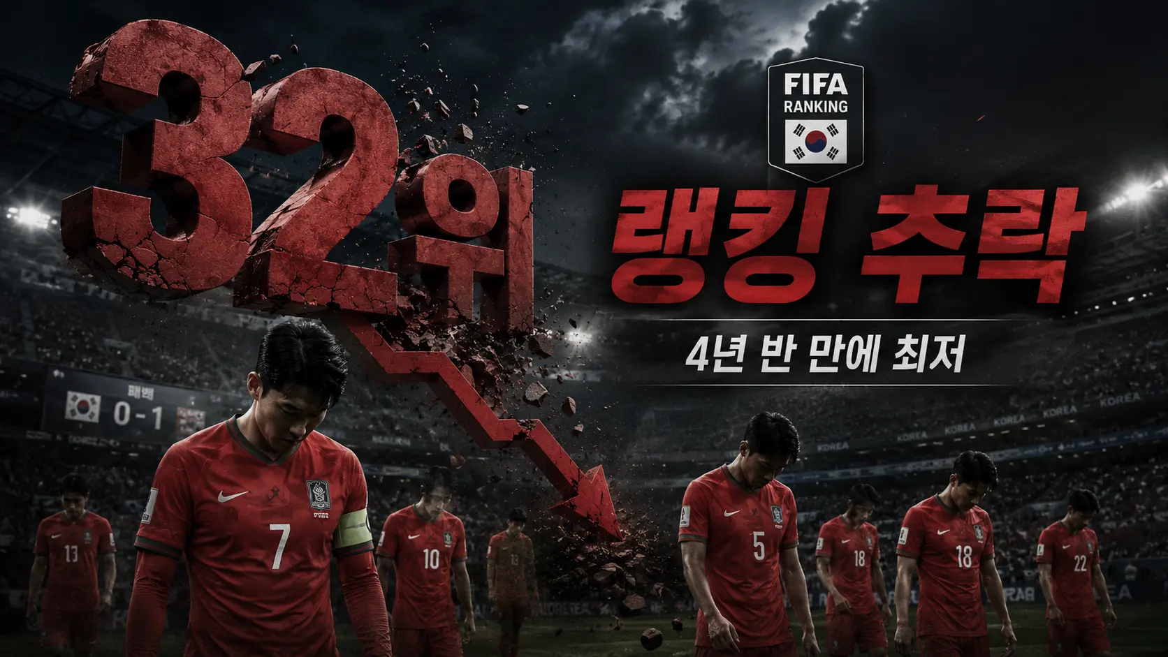 한국 FIFA 랭킹 32위 추락 25위에서 7계단 급락
4년 6개월 만에 최저 홍명보 월드컵 탈락 여파 2026