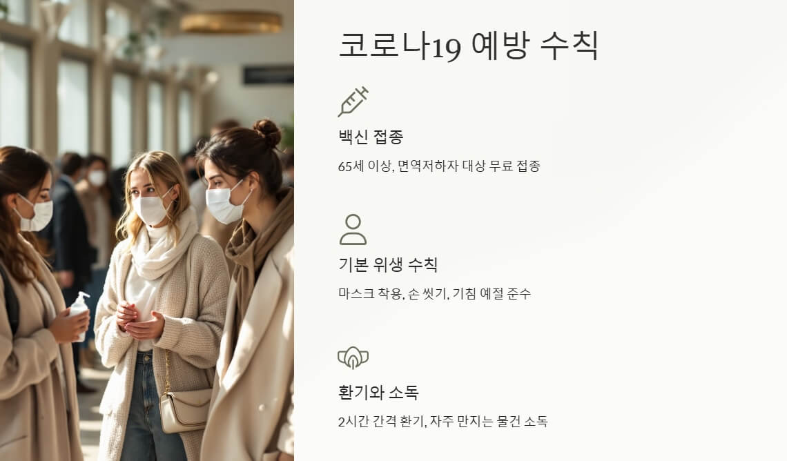 여러 사람이 마스크를 착용하고 실내에서 대화하고 있는 모습. 텍스트로는 백신 접종, 기본 위생 수칙, 환기와 소독 같은 코로나19 예방 조치가 강조됩니다