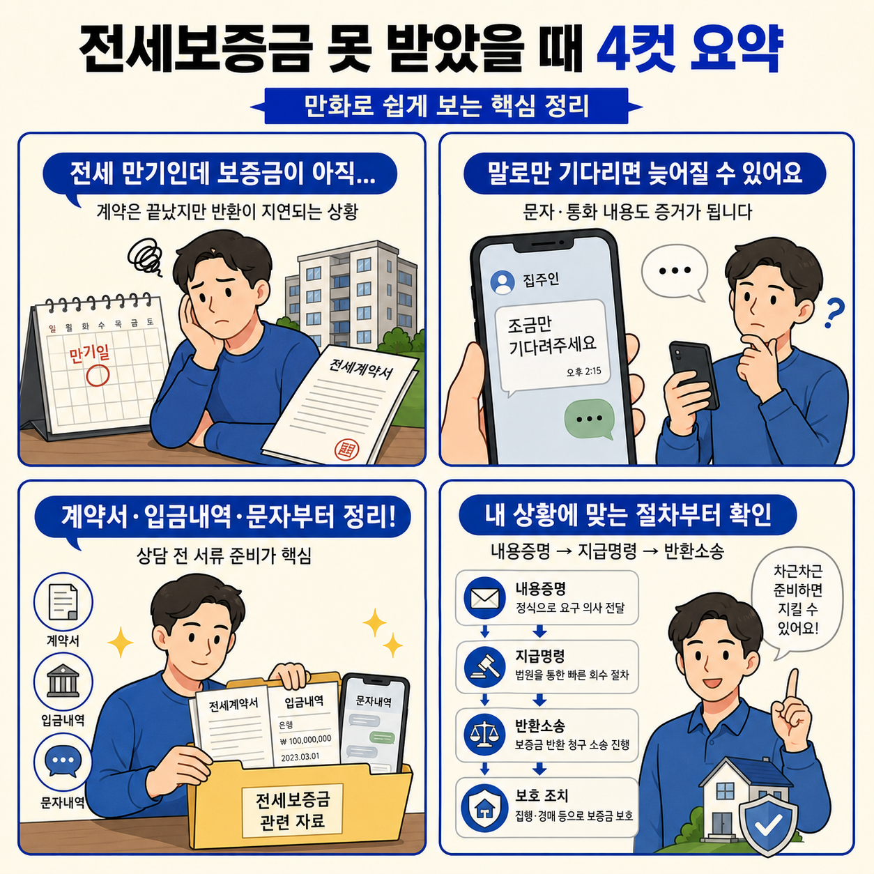 전세보증금을 돌려받지 못했을 때 계약 만기 확인, 집주인 문자 증거 보관, 계약서와 입금내역 정리, 내용증명&middot;지급명령&middot;반환소송 절차 확인 과정을 4컷으로 요약한 법률 정보 만화 이미지