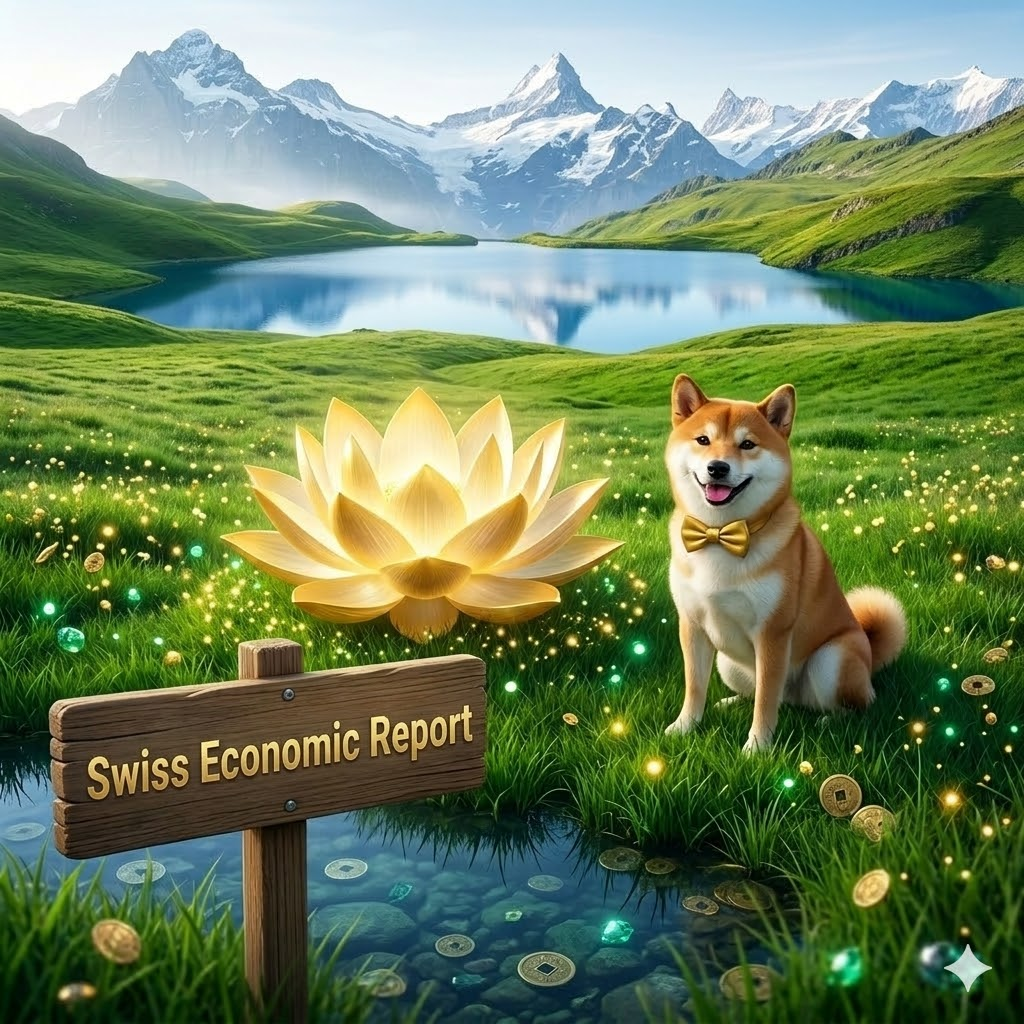 A breathtaking ultra-HD digital art set in the Swiss Alps at dawn. A vibrant green meadow flows toward a crystal-clear blue lake and snow-capped mountains under a soft morning mist. In the foreground, a golden lotus glows with divine light next to a smiling Shiba Inu wearing a gold bow tie. A rustic wooden sign clearly displays the gold-embossed text "Swiss Economic Report" amidst scattering gold coins and glowing gems. 1:1 ratio, professional financial branding style.