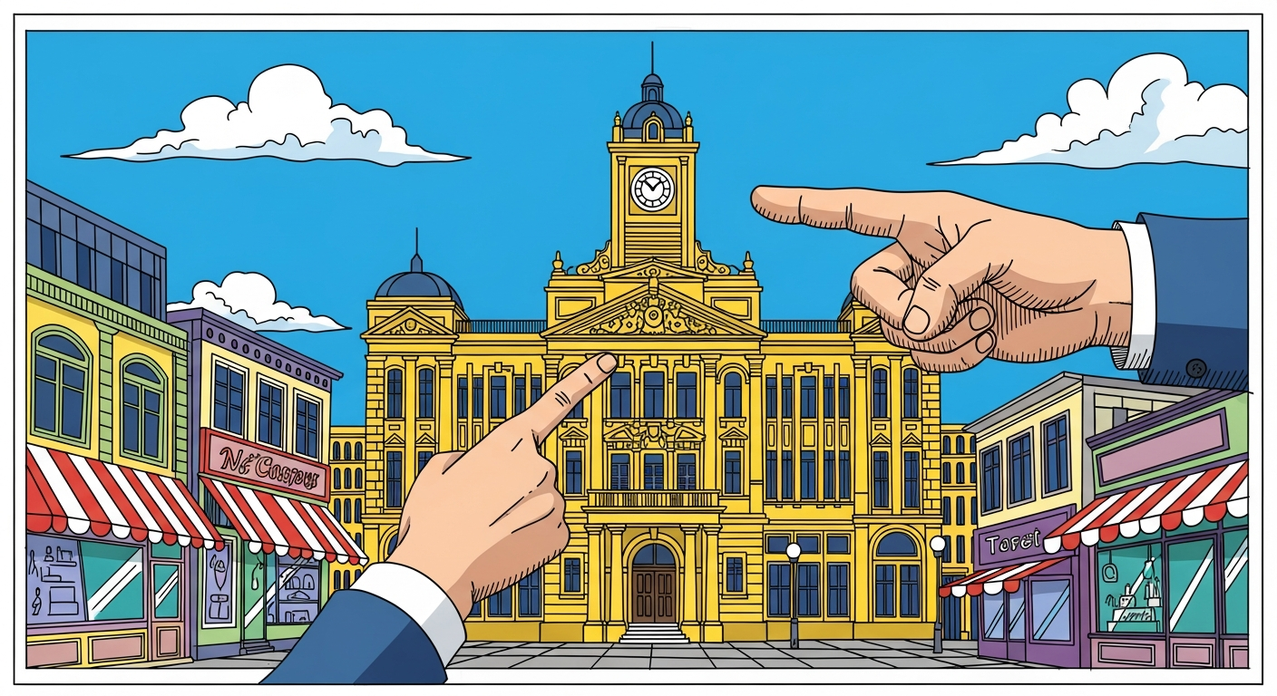 위치 설명의 기준점이 되는 노란색 대형 랜드마크 건물