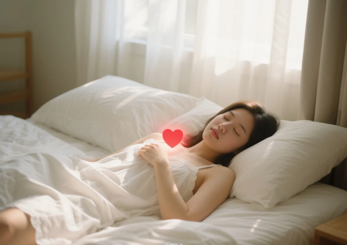 주말에 늦잠을 자며 심장 건강을 회복하는 모습을 상징하는 이미지