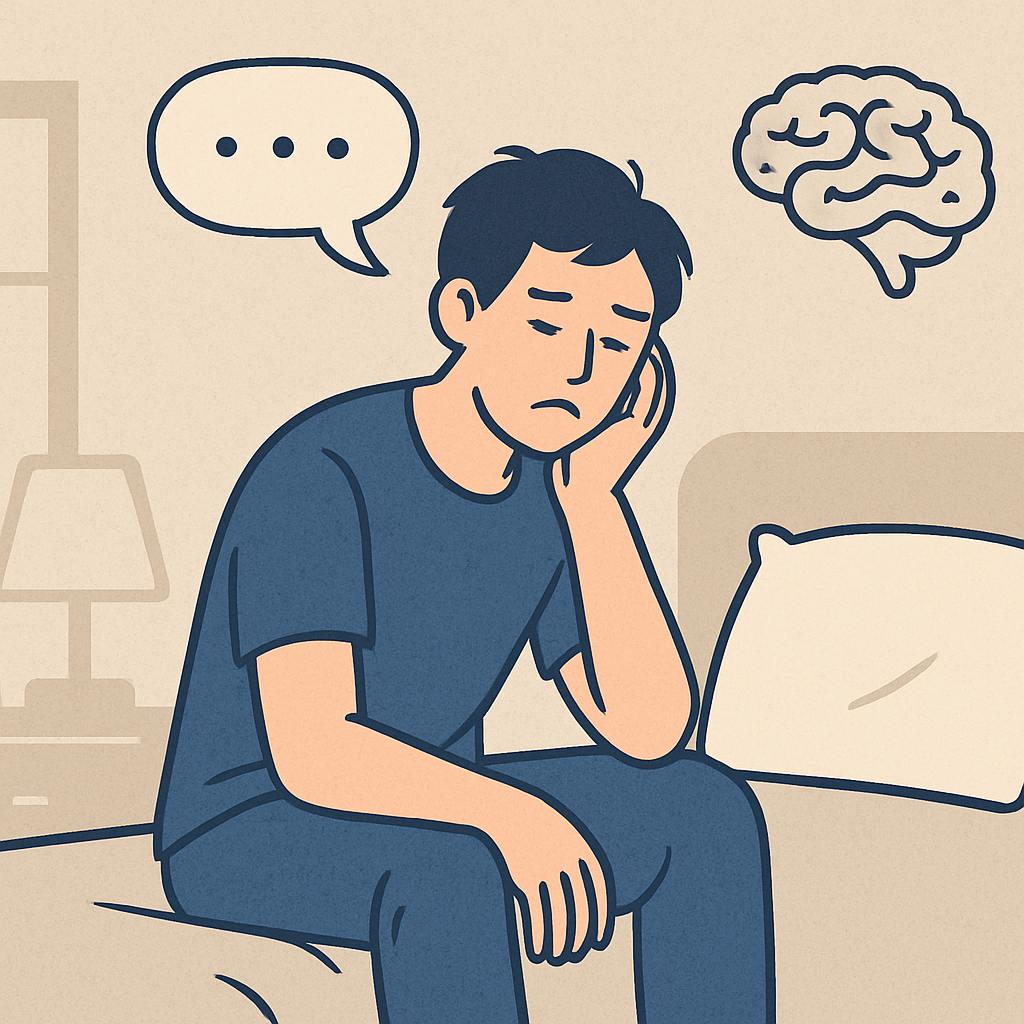 무기력한 표정의 젊은 남성이 침대에 앉아 있는 모습. 머리 위에는 말줄임표와 뇌 아이콘이 떠 있으며, 피로와 의욕 상실을 표현한 감성 일러스트.