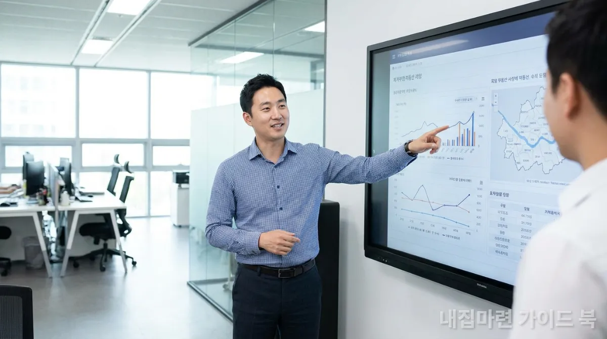 AI 에이전트가 분석한 부동산 시장 데이터를 설명하는 한국인 전문가