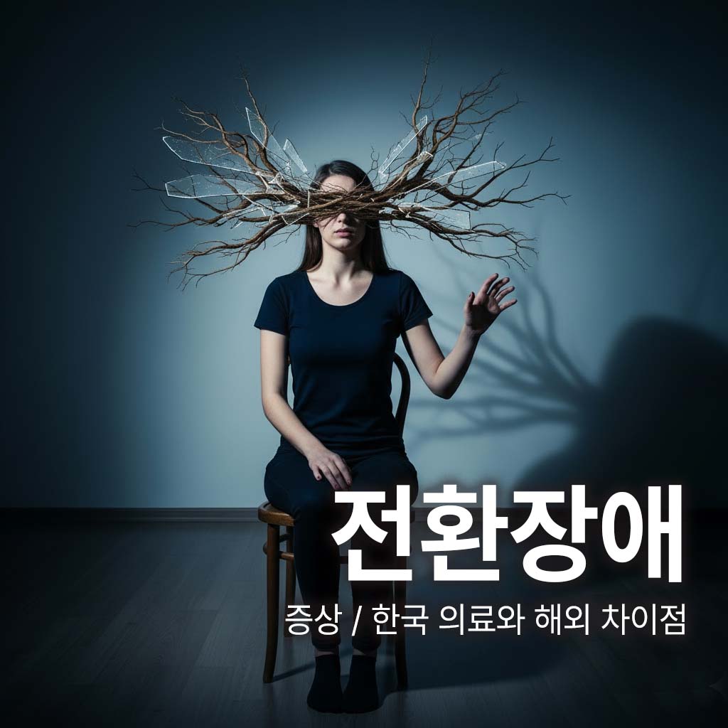 전환장애로 인해 시력손실 증상을 보이는 것을 형상화 한 사진. 여자가 의자에 앉아있고 눈에는 이상적인 가지가 자라나고 있다