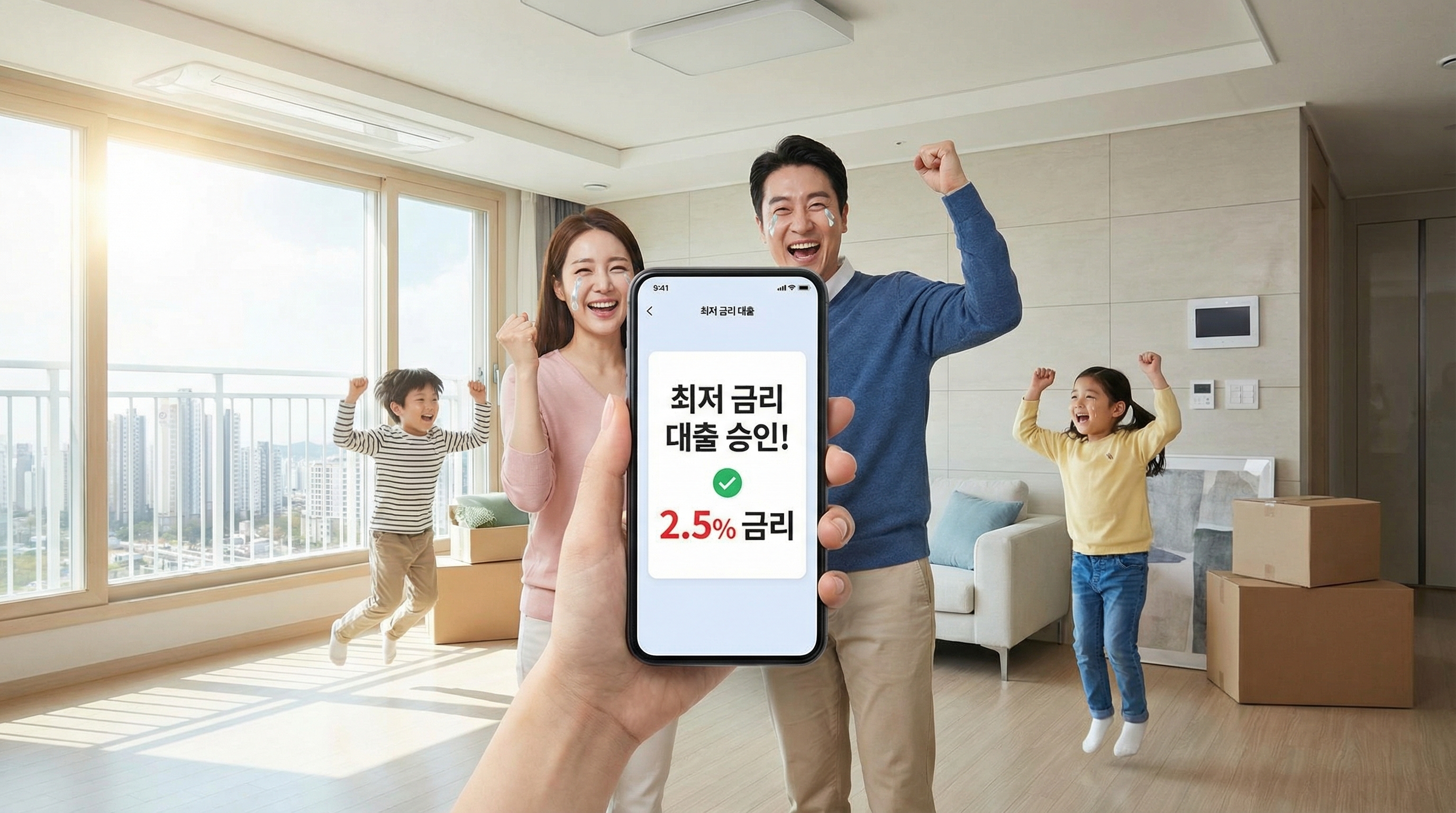 모바일 앱으로 최저 금리 대출을 승인받고 내 집 마련의 꿈을 이룬 후 기뻐하는 모습