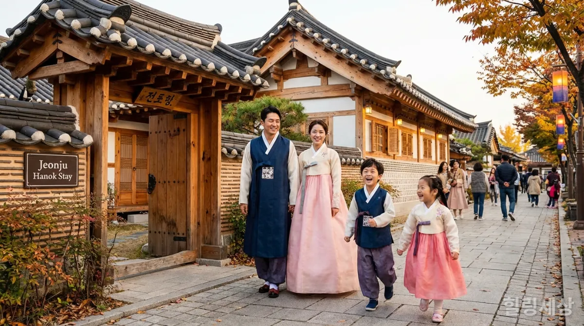 전주 한옥마을에서 한복을 입고 거니는 가족