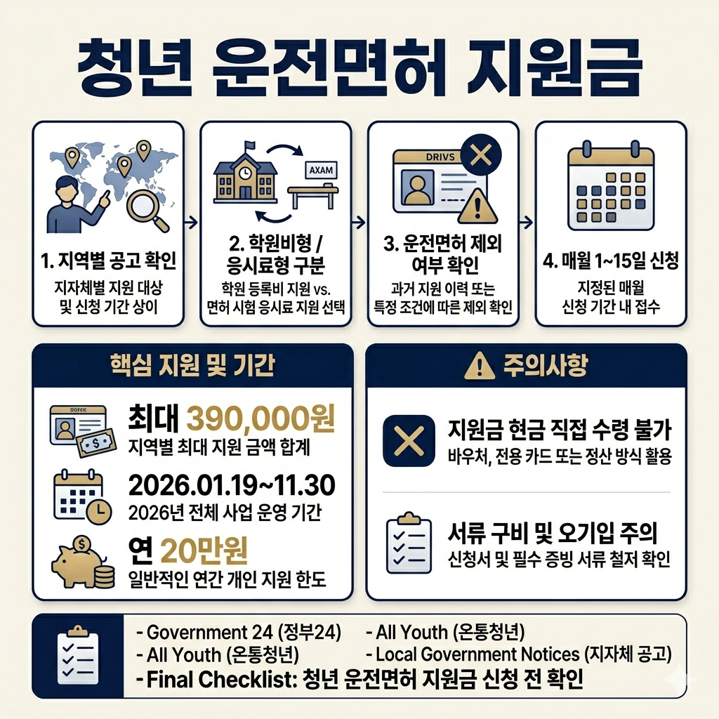 청년 운전면허 지원금, 지역별 신청 방법과 실제 지원 사례 인포그래픽
