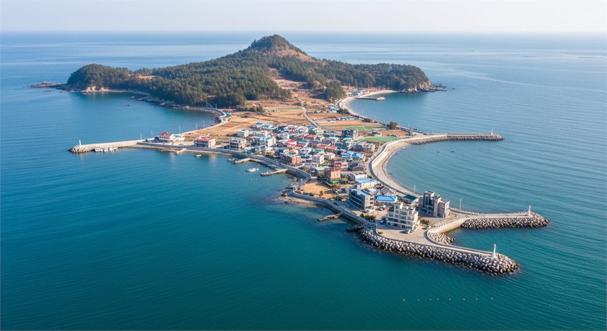 바다 위에 펼쳐진 이수도 마을 전경을 담은 항공 장면 