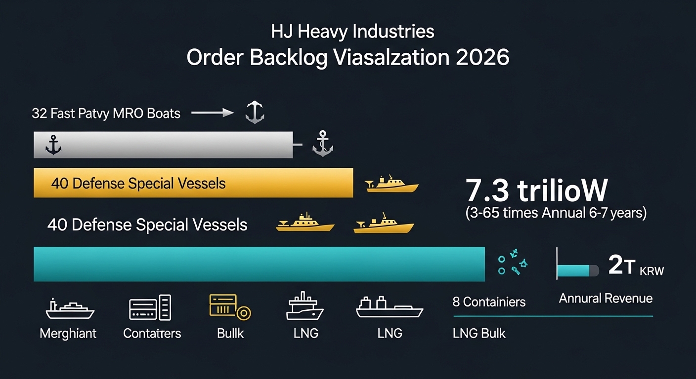 HJ Heavy Industries order backlog 7.3 trillion KRW visualization 2026, dark navy background, center large horizontal layered bar bottom layer teal 상선컨테이너벌크LNG with ship icons middle layer gold 방산특수선40척 with patrol boat icons top layer silver 미해군MRO파이프라인 with anchor icon, total bar label 7.3조원 연간매출의3.65배 6~7년치일감, right side annual revenue 2T KRW small comparison bar for scale, floating stat cards 고속정32척 고속상륙정8척 컨테이너선LNG벌크, clean modern financial data visualization, professional dark theme