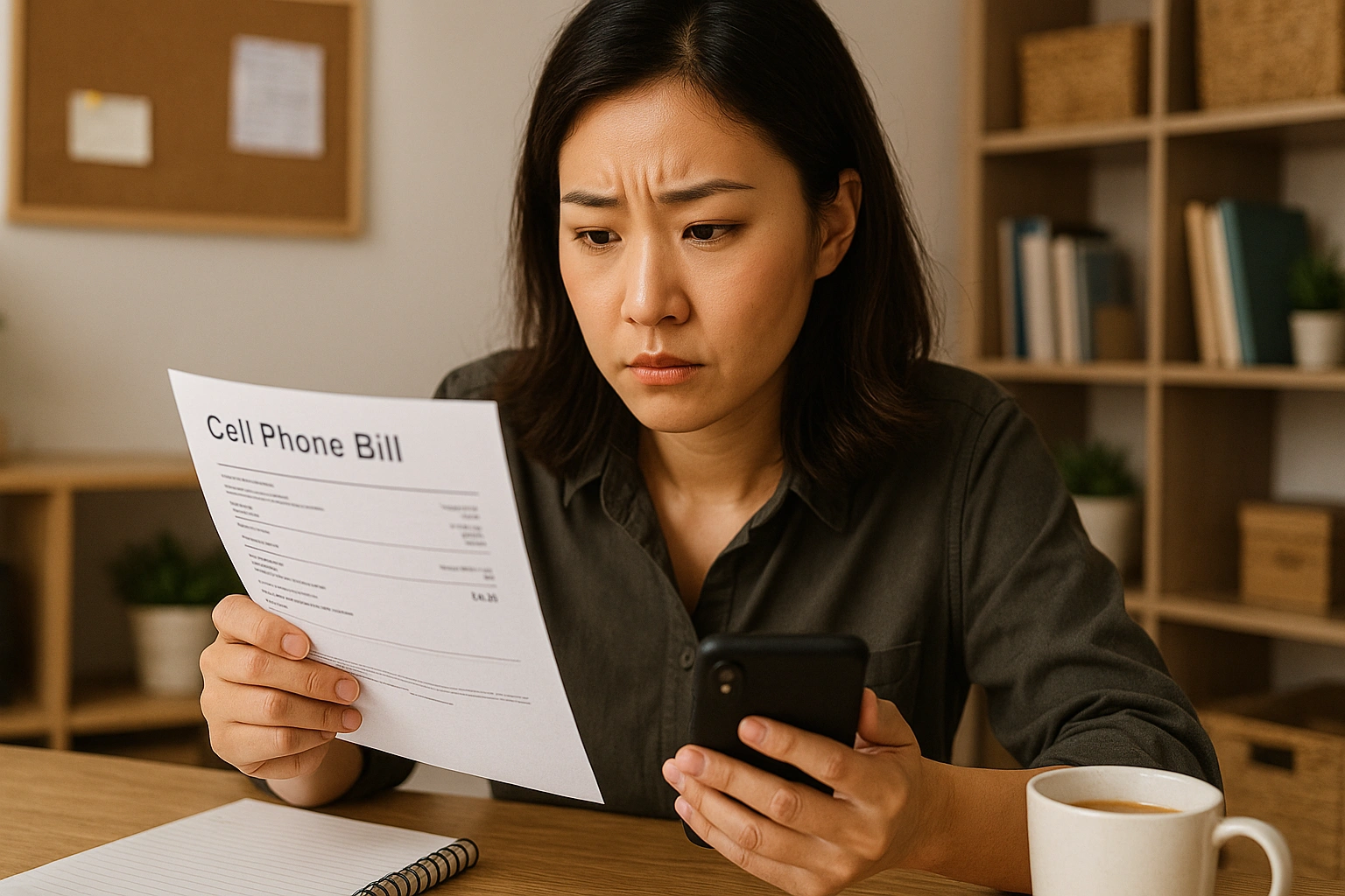 소상공인이 휴대폰 요금 고지서를 보며 고민하는 모습
