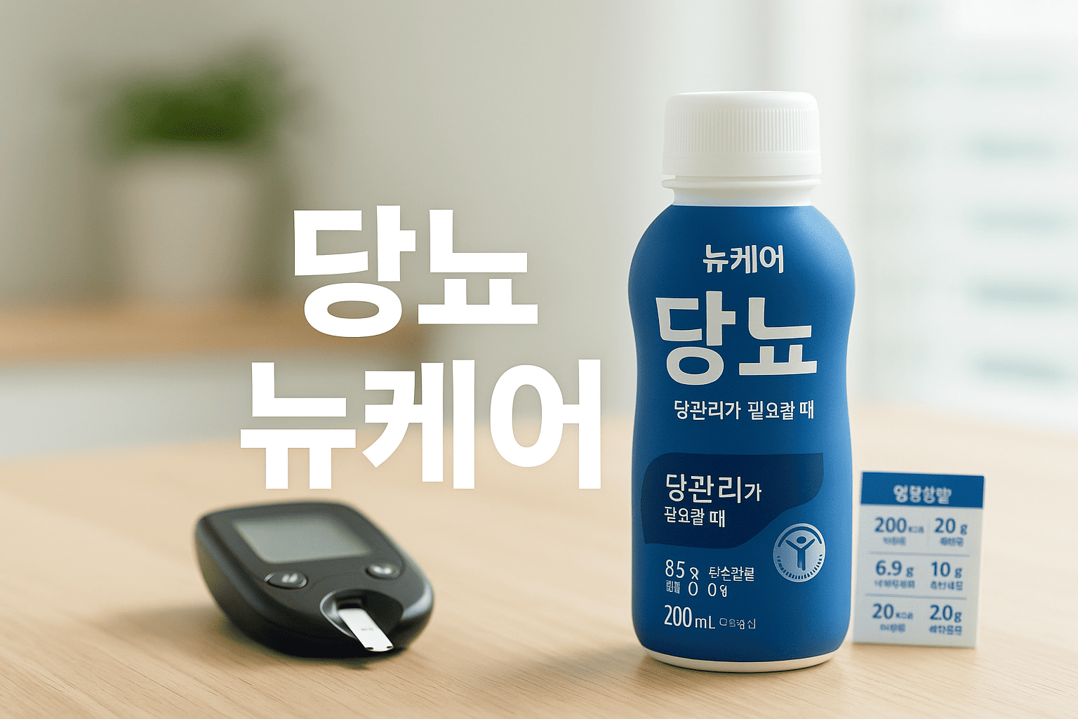 파란통-뉴케어-제품과-혈당측정기-영양정보카드-함께-배치된-당뇨-뉴케어-텍스트-중앙표기
