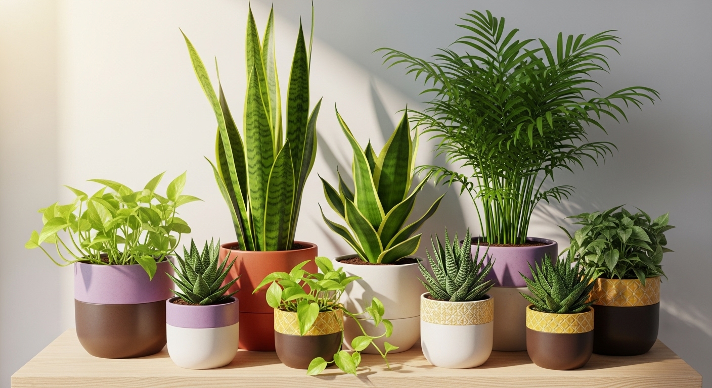 공기 정화에 탁월한 산세베리아, 스킨답서스, 아레카야자 등 다양한 실내 식물들이 세련된 화분에 담겨 선반에 조화롭게 배치된 모습. 햇살이 비쳐 싱그러움을 더합니다.