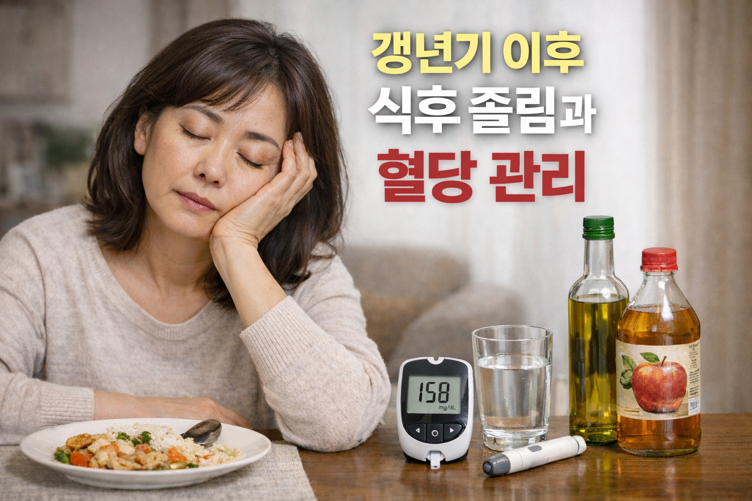 갱년기 이후 식사 후 졸림을 느끼는 중년 여성과 혈당 관리 도구, 인슐린 저항성과 식후 졸림을 설명하는 이미지