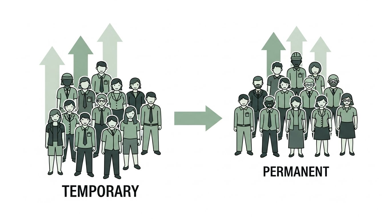 비정규직 근로자가 정규직으로 전환되어 안정적인 고용 환경을 얻는 과정을 시각화한 이미지