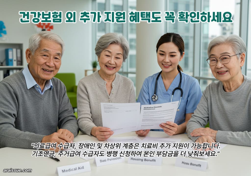 의료급여 수급자, 장애인 및 차상위 계층은 치료비 추가 지원이 가능합니다. 기초연금, 주거급여 수급자도 병행 신청하여 본인 부담금을 더 낮춰보세요