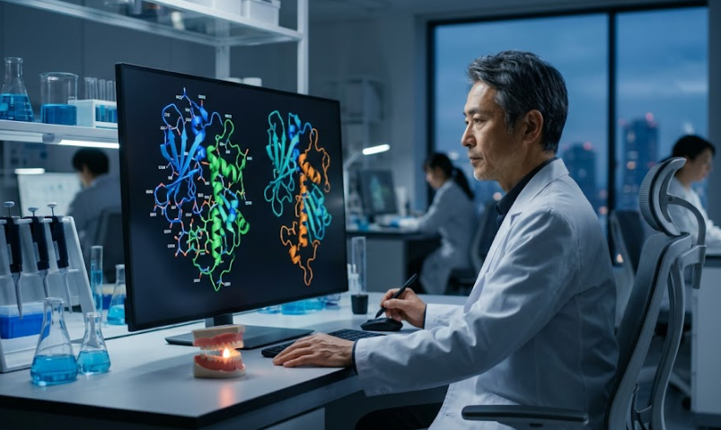 첨단 연구실 모니터에서 분자 구조를 분석하며 치아 재생 기술을 연구 중인 과학자의 모습