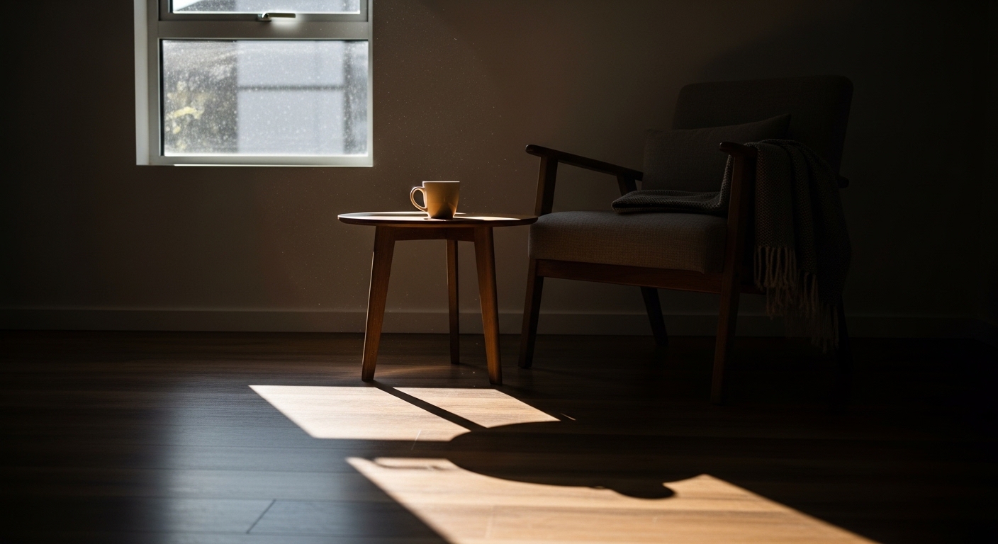 창문 아래 탁자와 놓여있는 컵