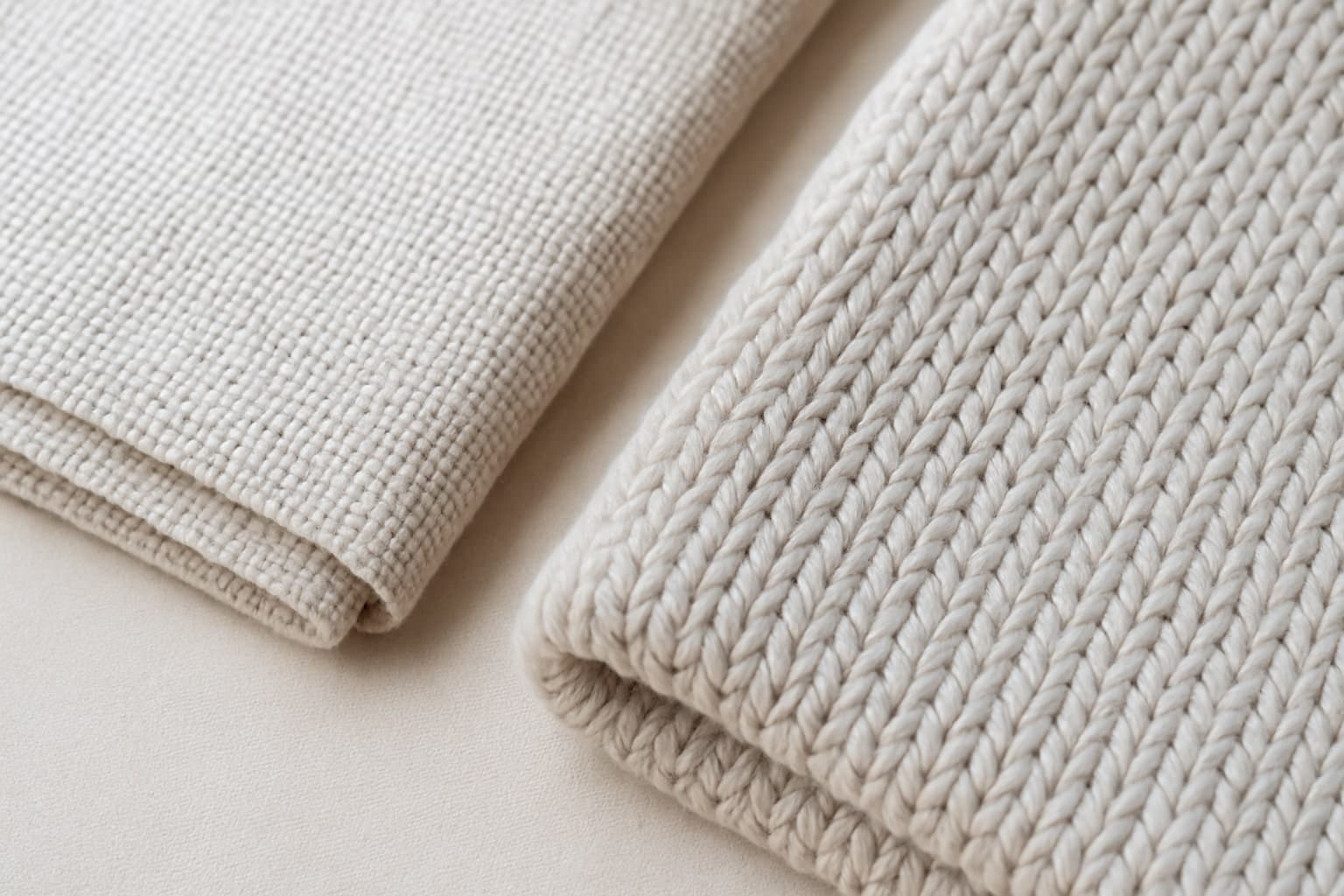 직물과 니트 원단이 나란히 놓여 짜임 구조의 차이를 보여준다