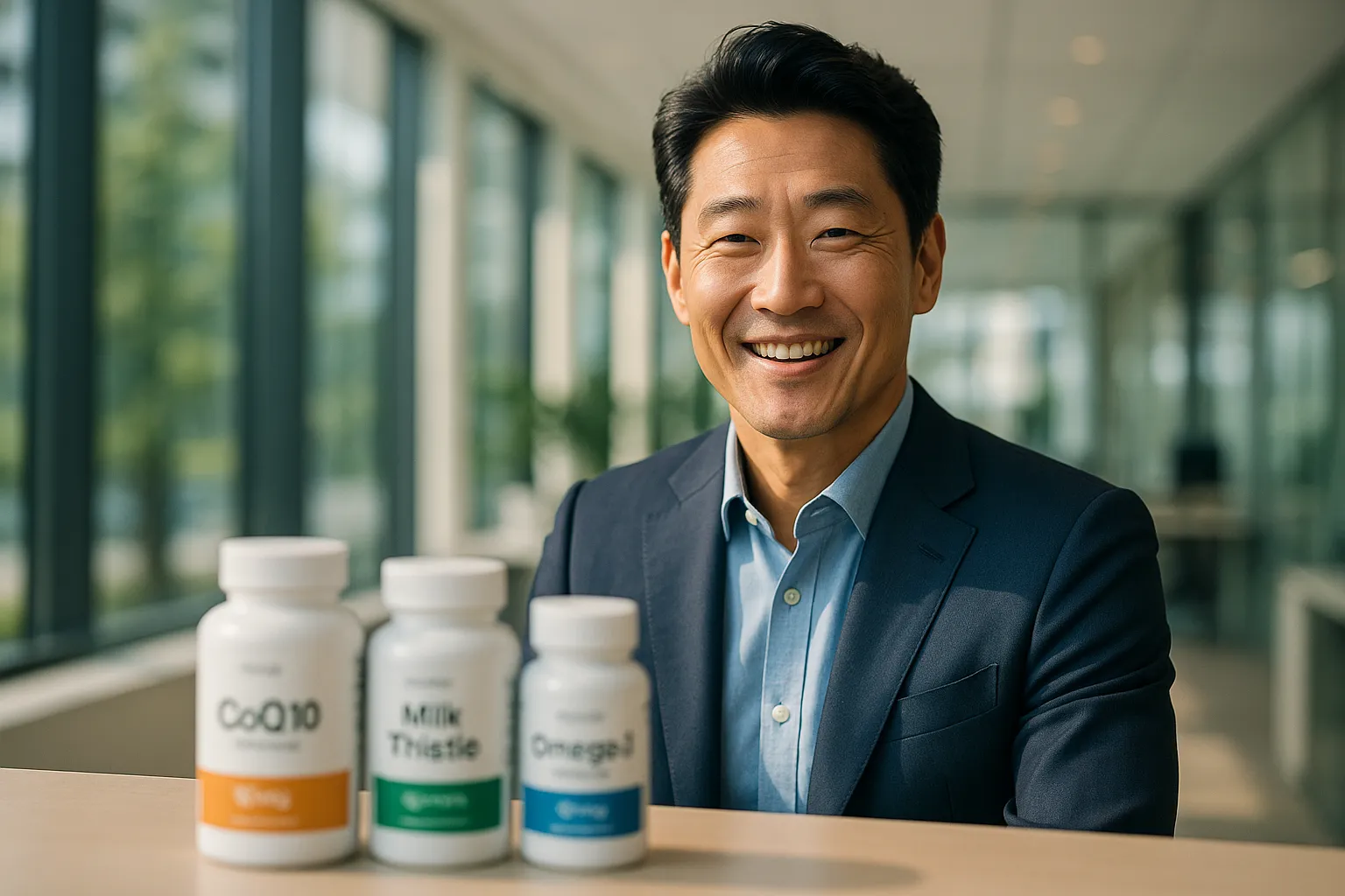 영양제를 통해 활력을 얻어, 바쁜 일상 속에서도 건강하고 프로페셔널한 삶을 살아가는 40대 남성