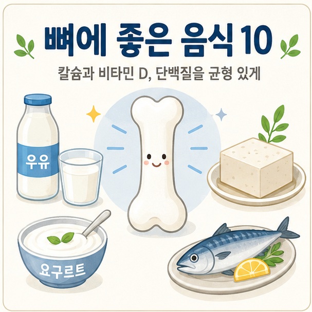 우유와 요구르트, 두부와 생선을 건강한 뼈와 함께 표현해 뼈 건강에는 칼슘과 비타민 D, 단백질을 균형 있게 섭취하는 것이 중요함을 보여 주는 그림