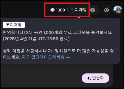 무료 크레딧 확인 화면