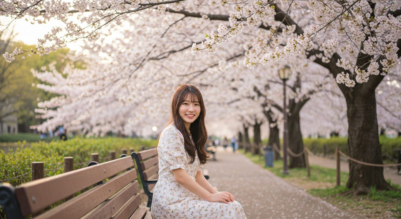 도쿄 우에노 공원 벚꽃 아래 벤치에 앉아 있는 귀여운 한국인 여성