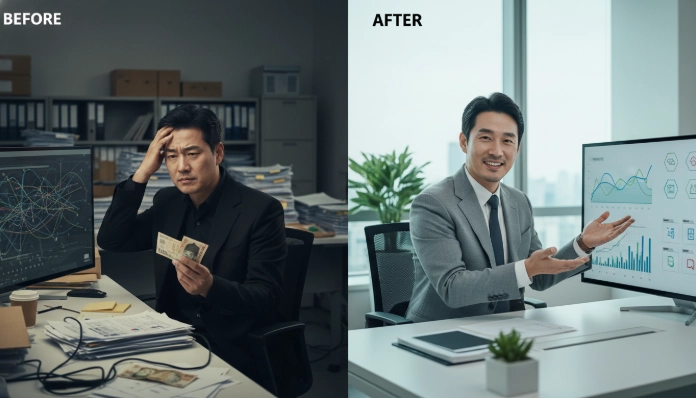 지원금 정산의 복잡함과 명확한 해결책을 대비시키는 분할 화면 이미지. 왼쪽은 엉망인 서류와 스트레스받는 한국인 사업가, 오른쪽은 깔끔하게 정리된 디지털 문서와 자신감 있는 한국인 사업가의 모습.