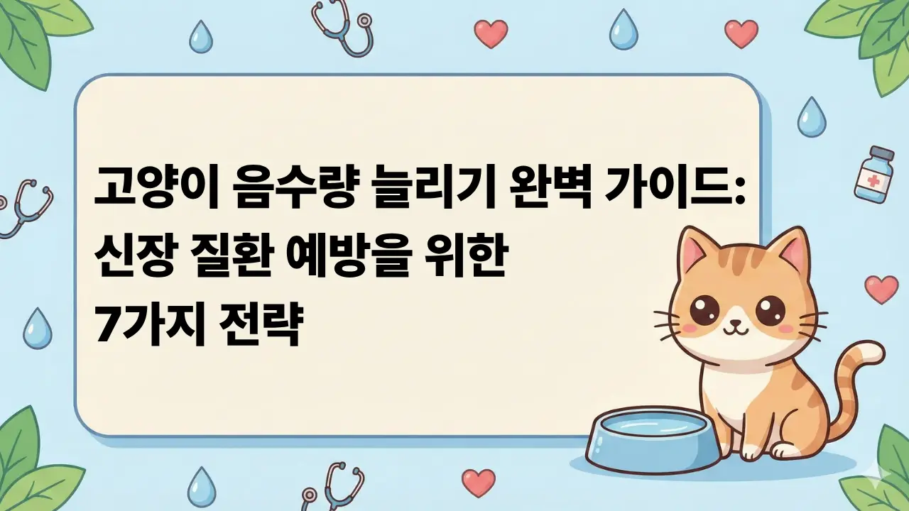 고양이 음수량 늘리기와 신장 질환 예방 가이드 블로그 썸네일, 물그릇 옆에 앉은 귀여운 고양이 일러스트