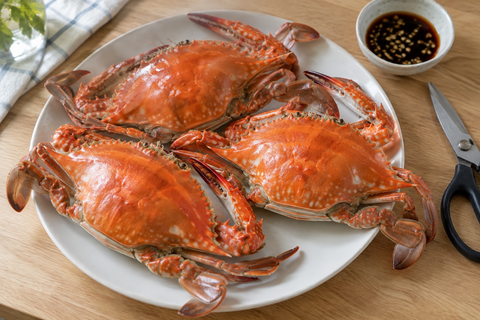 흰 접시에 쪄서 주황빛이 된 꽃게 세 마리가 등딱지를 위로 향한 채 놓여 있고, 옆에 간장 양념 종지와 주방 가위가 있다.