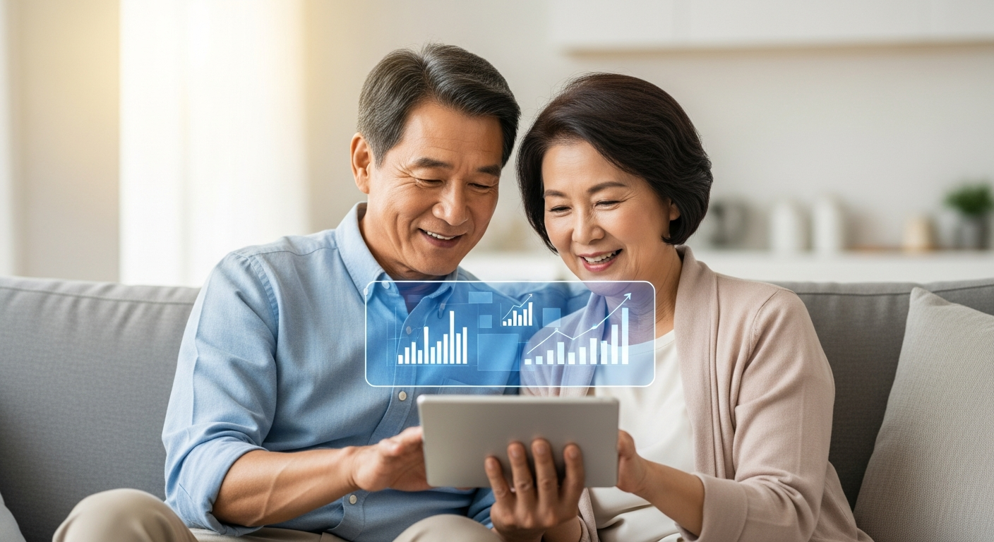 은퇴 후 자산 관리에 대해 이야기하며 여유롭게 미소 짓는 50대 부부의 모습
