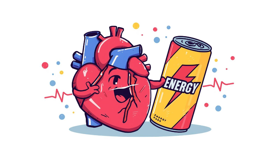 에너지 음료로 인해 심장이 빠르게 두근거리는 모습을 표현한 일러스트