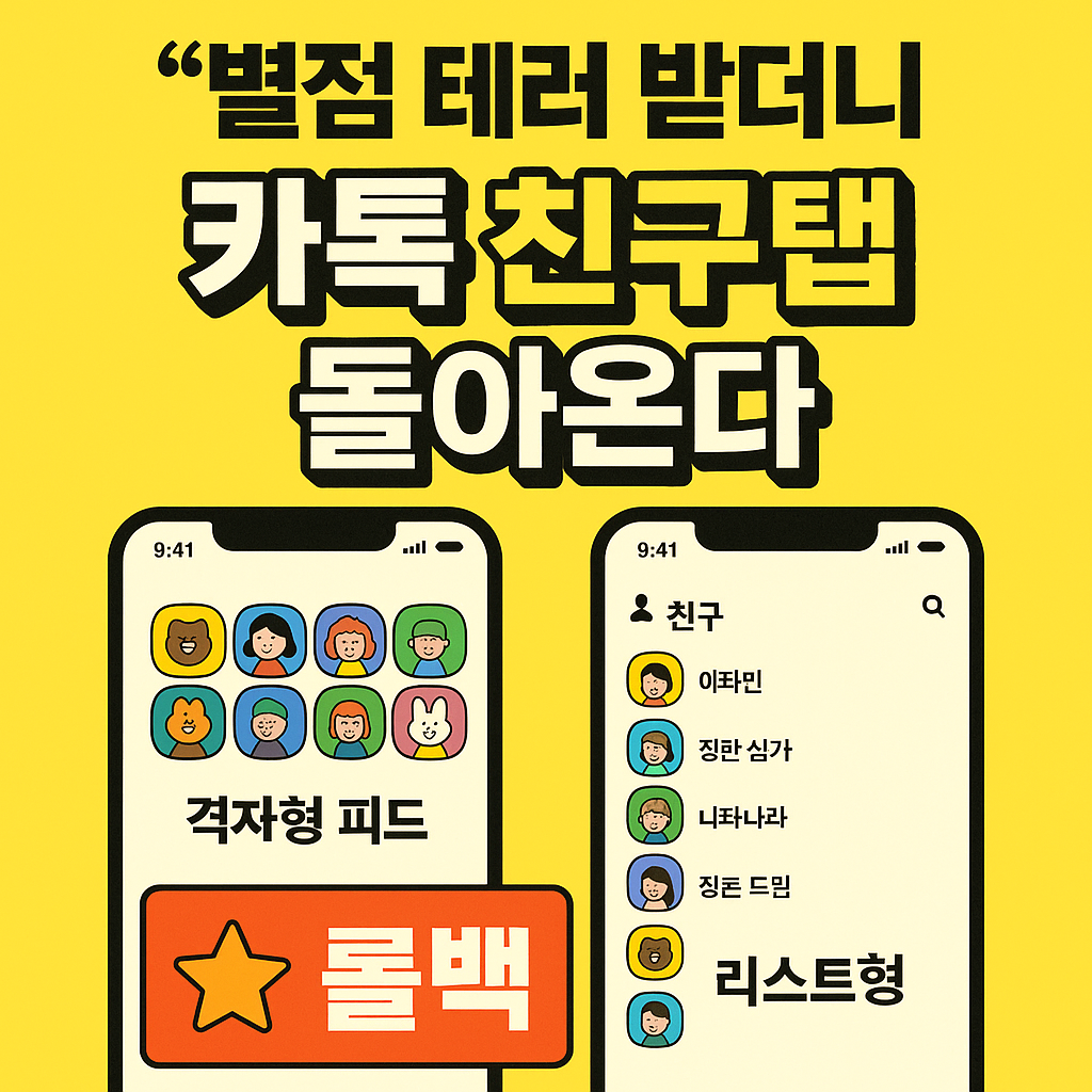 “카카오톡 친구탭 UI 복원 — 격자형 피드와 리스트형 UI 비교 그래픽”