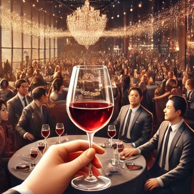 와인잔을 들며 건배사 하는 모습
