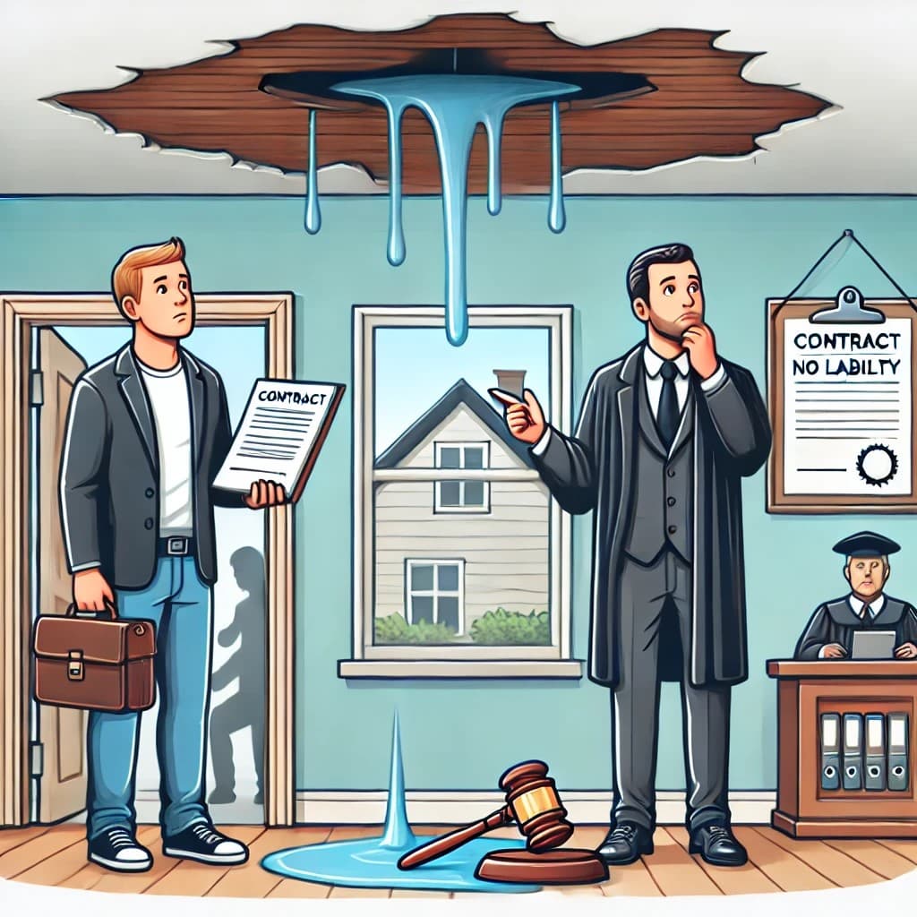 집주인과 임차인이 천장누수를 확인하고 있는 장면 인포그래픽