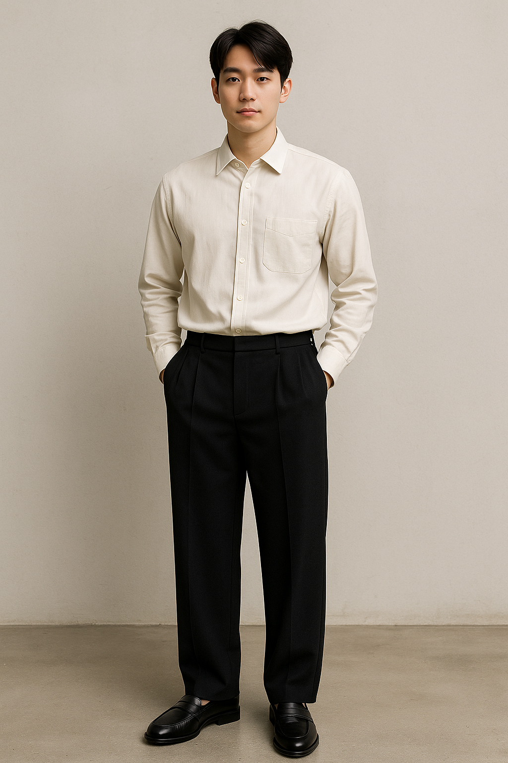 저지 베럴 레그 팬츠에 셔츠와 로퍼를 매치한 오피스룩 스타일링