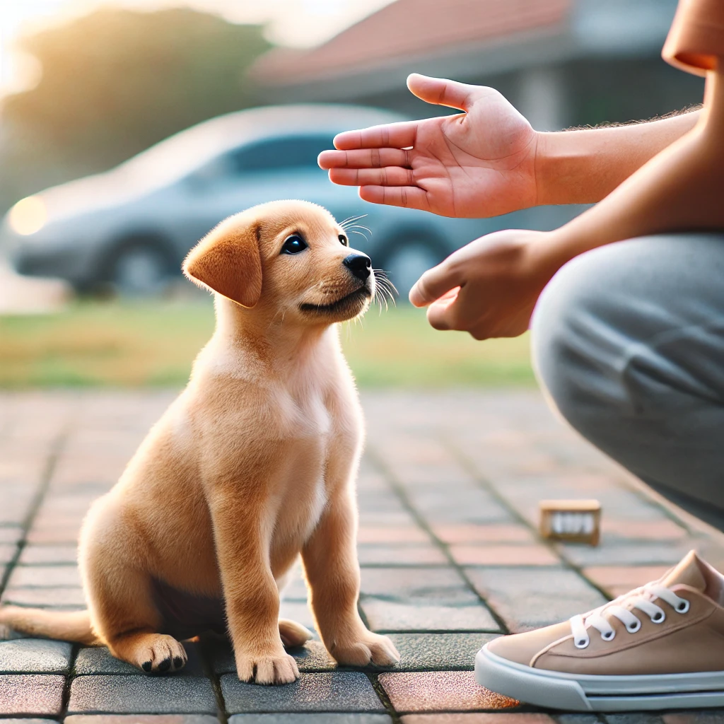 강아지가 앉아, 기다려 등 기본 훈련을 받는 모습