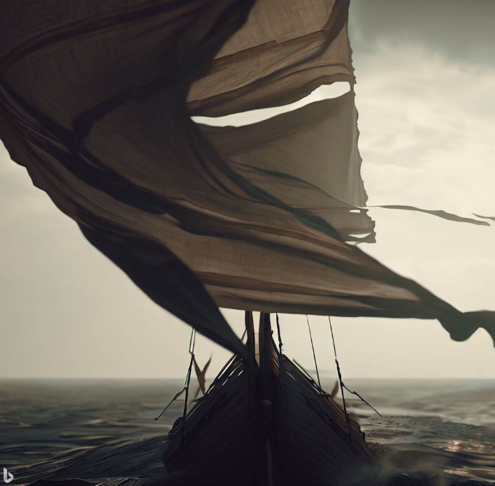 돛이 펄럭거리고 바람이 부는 대로 움직이는 모습(made by Bing)