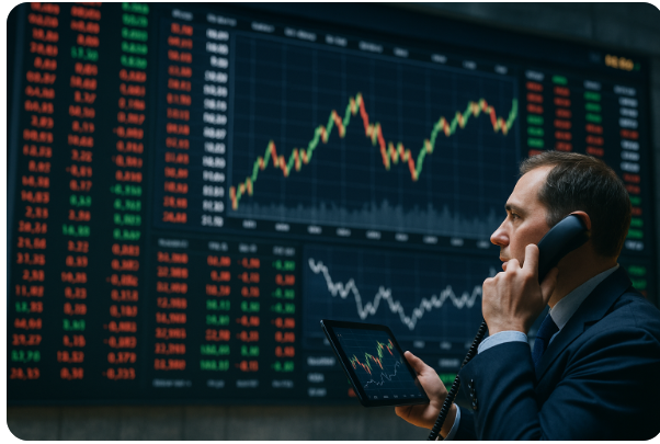 실시간 주식 시세를 확인하며 전화 통화 중인 트레이더의 모습