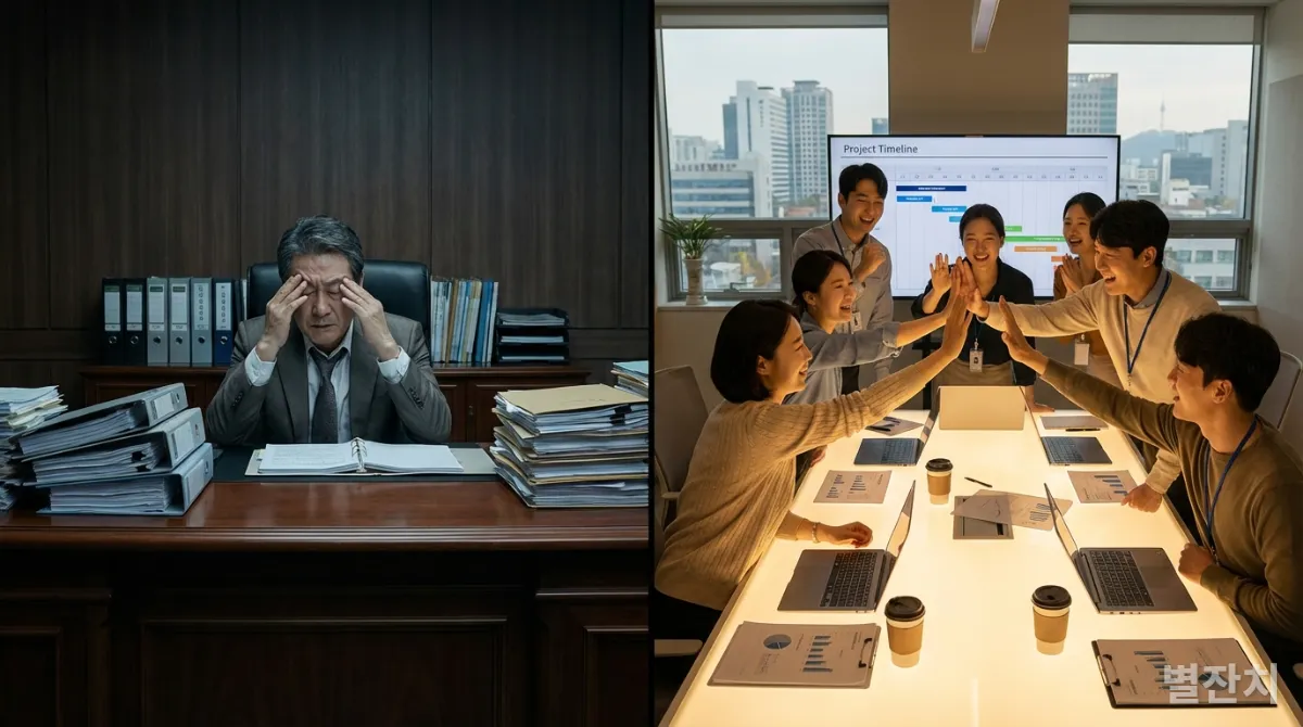 과도한 중앙집권의 부담과 분권형 리더십의 성공을 보여주는 현대 한국 직장인들의 모습.