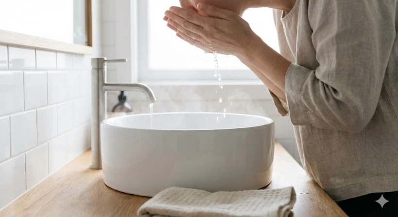 깨끗한 흰색 세면대 위에서 두 손으로 미지근한 물을 얼굴에 부드럽게 끼얹는 모습을 담은 사진입니다. 욕실은 밝고 정돈되어 있으며, 물에서 은은한 김이 나고 있어 적당한 온도를 짐작하게 합니다.