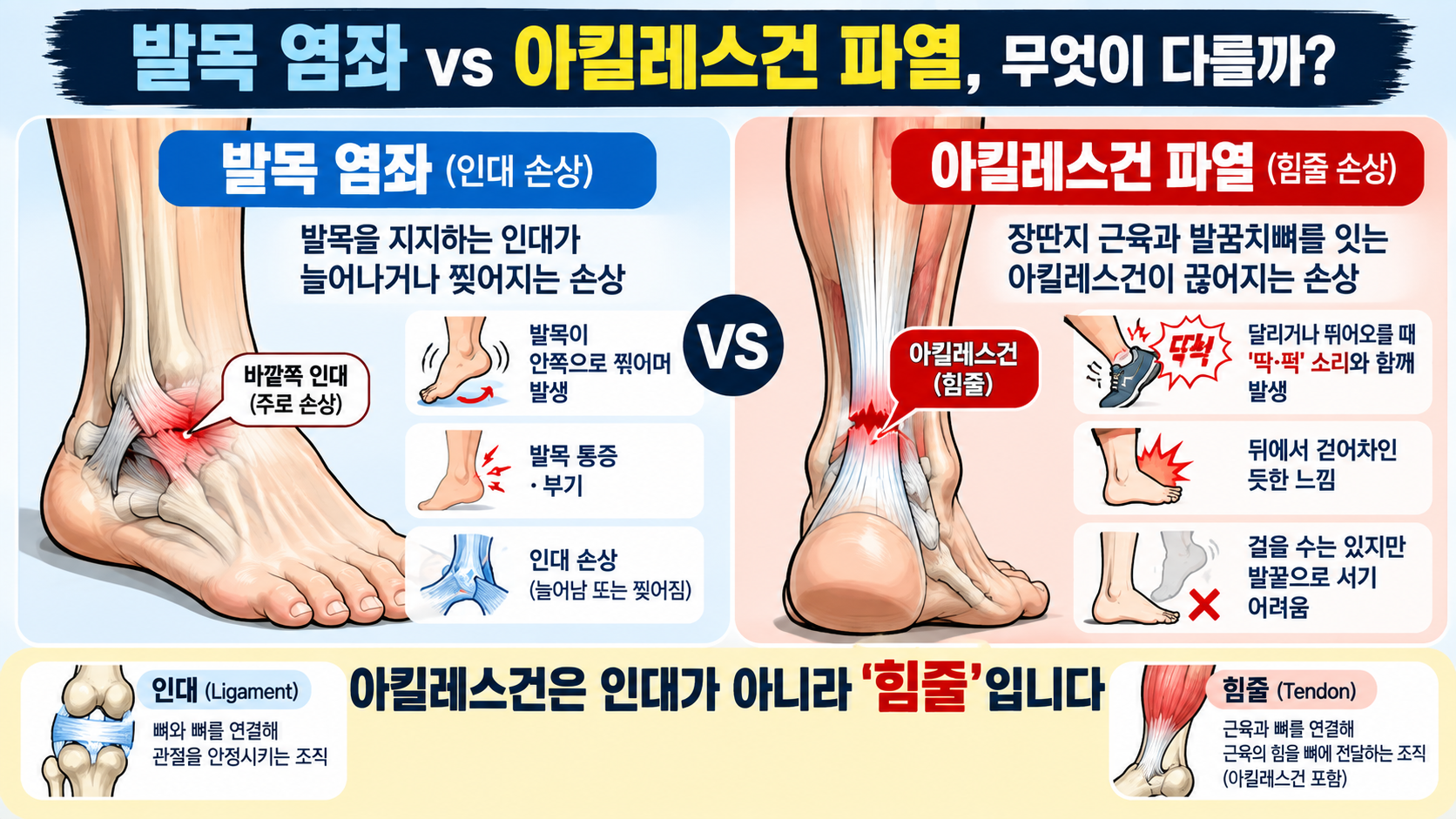 발목 염좌와 아킬레스건 파열의 손상 위치와 주요 증상 차이를 설명하는 인포그래픽
