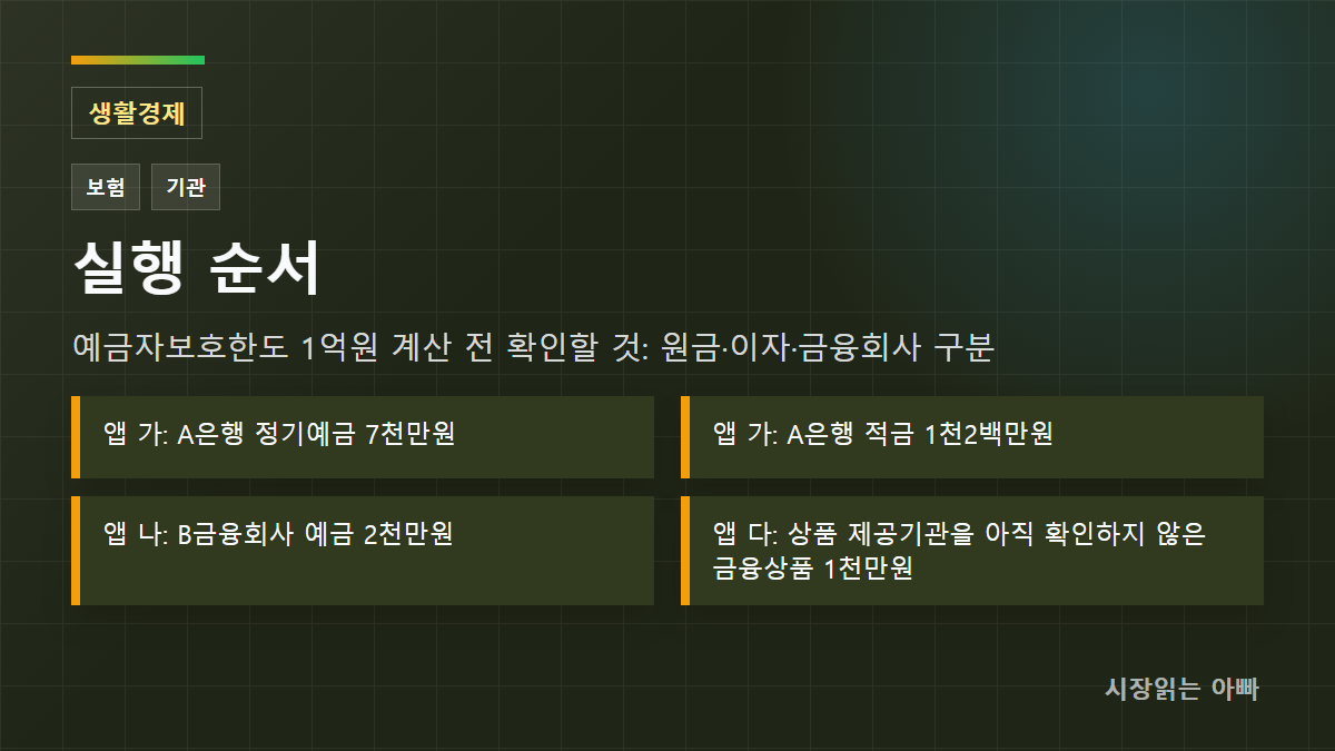확인 순서: 앱 가: A은행 정기예금 7천만원; 앱 가: A은행 적금 1천2백만원; 앱 나: B금융회사 예금 2천만원