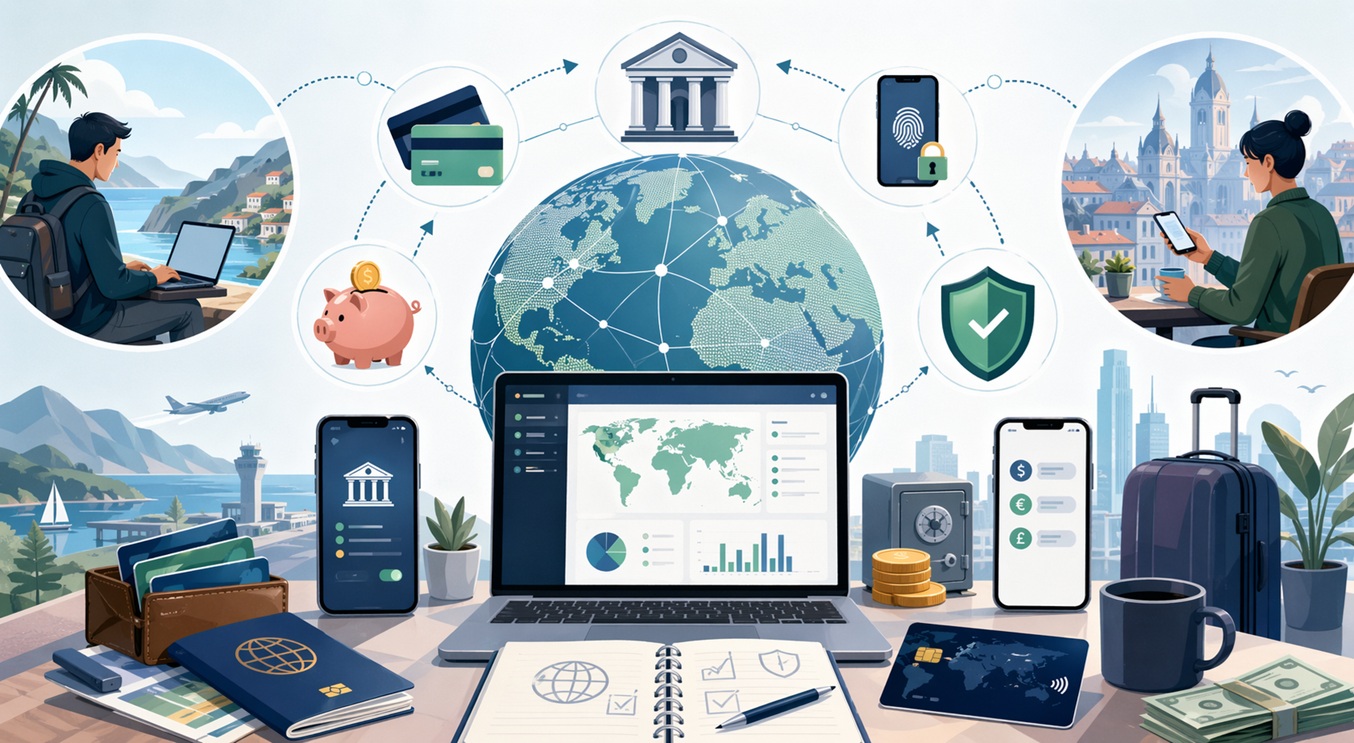 글로벌 금융 시스템을 활용하는 디지털 노마드의 자산 관리 구조를 보여주는 인포그래픽으로, 본국 은행 계좌, 핀테크 앱, 카드, 보안 인증, 여행 요소가 연결된 모습