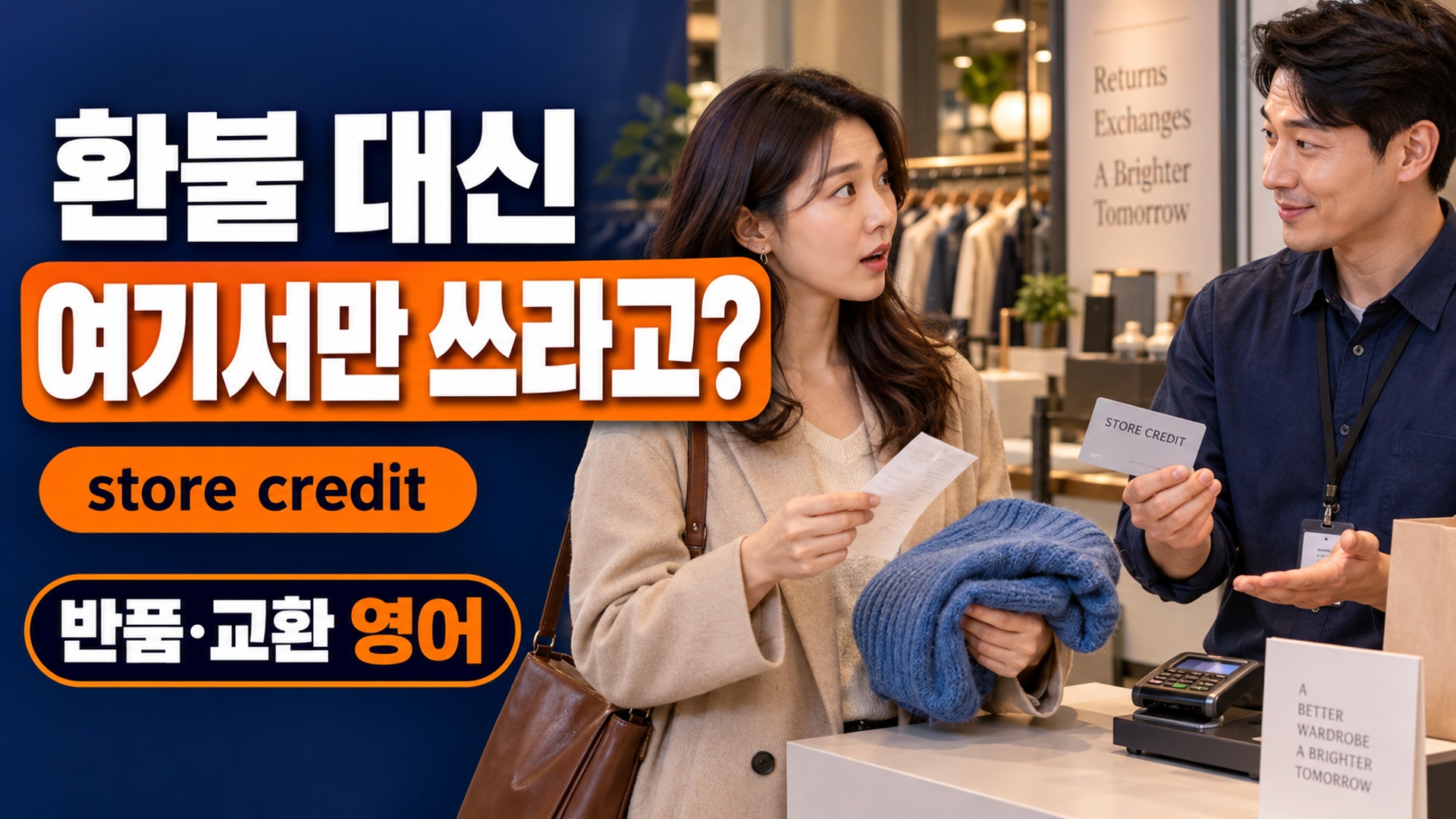 의류 매장에서 영수증과 파란 옷을 든 여성에게 직원이 STORE CREDIT 카드를 보여 주는 반품 교환 영어 썸네일