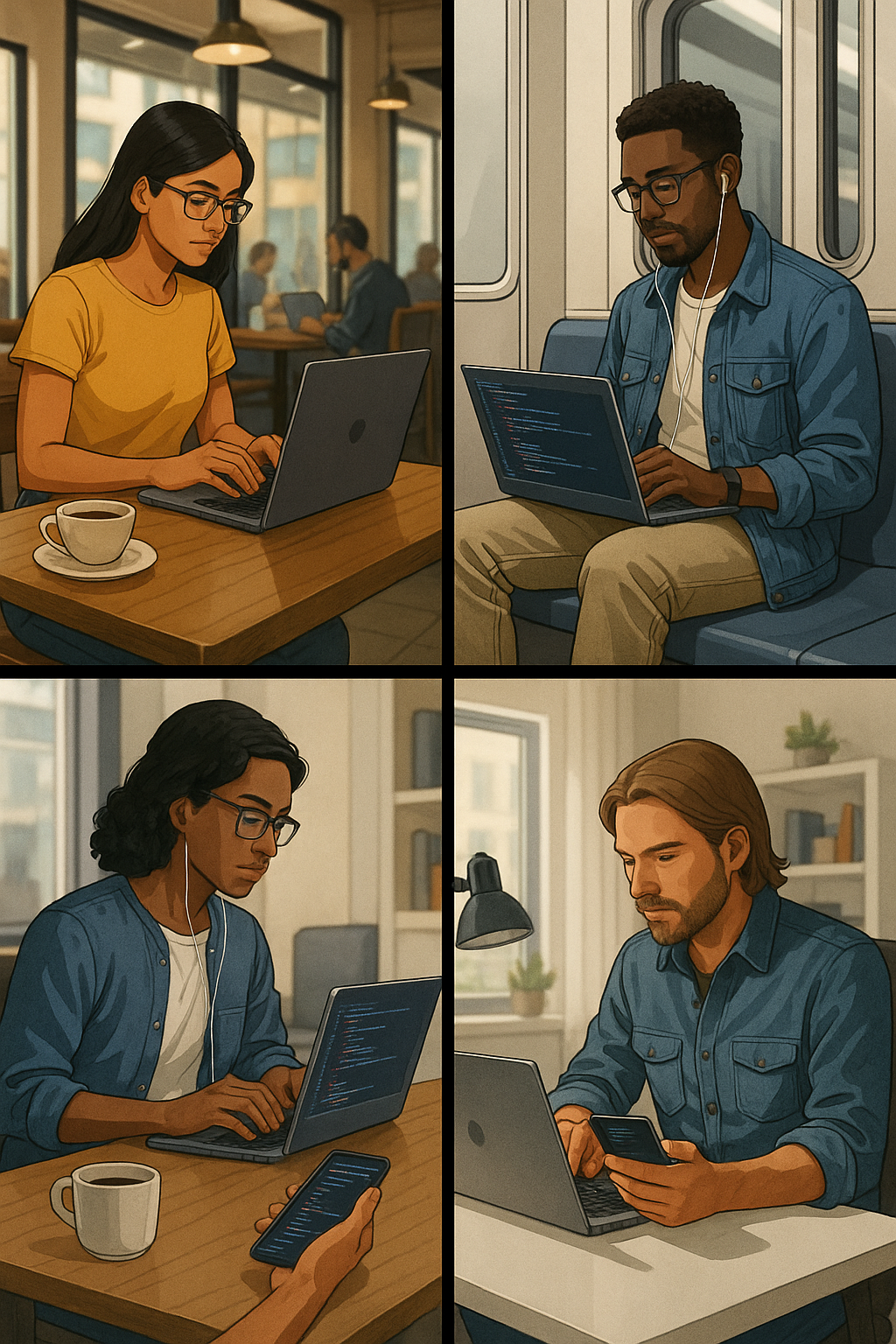 다양한 환경에서 코딩하는 개발자들