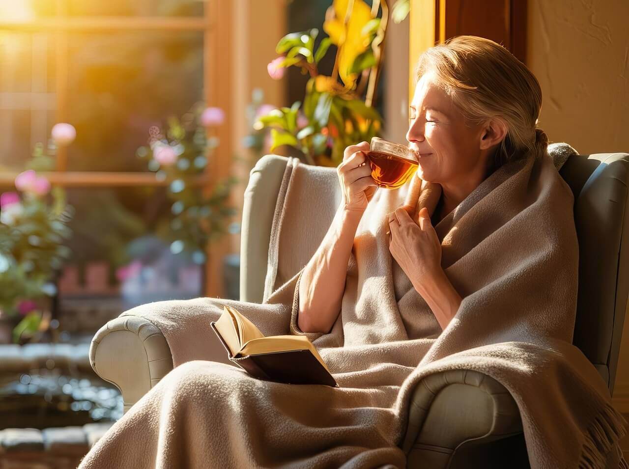 겨울철 차를 마시는 노인 여성 사진